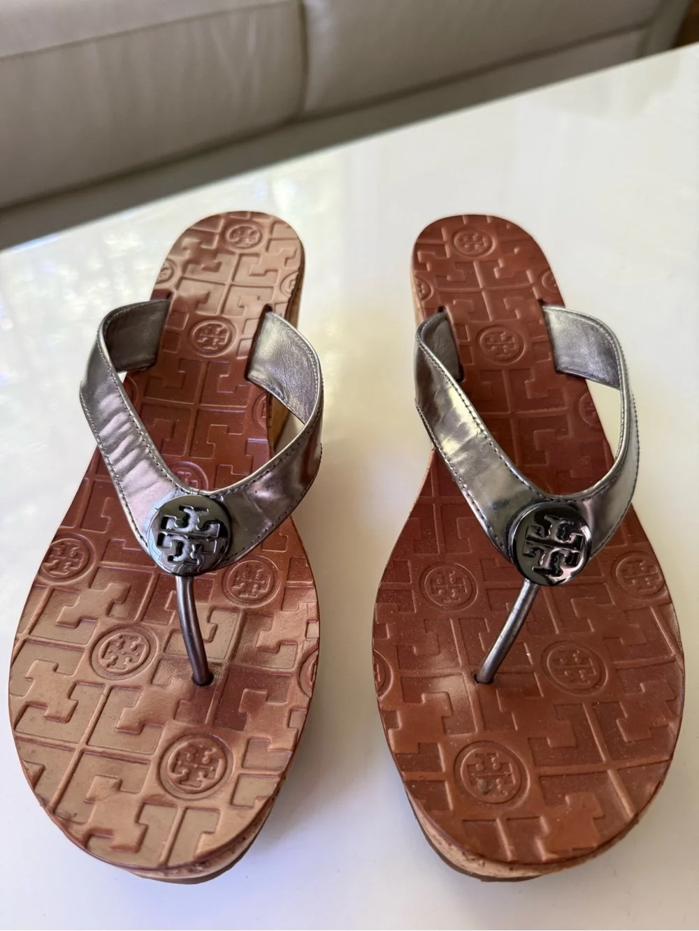 Tory Burch Metallic Silver Thong Sandals with Brown Footbed